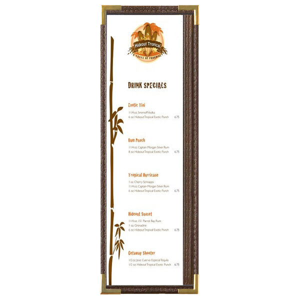 A brown Menu Solutions menu board with gold corners.