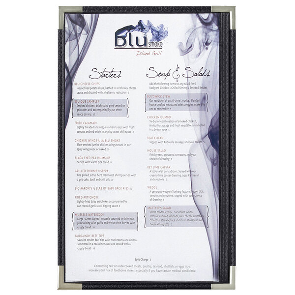 A black menu board with silver corners holding a menu with text and images.