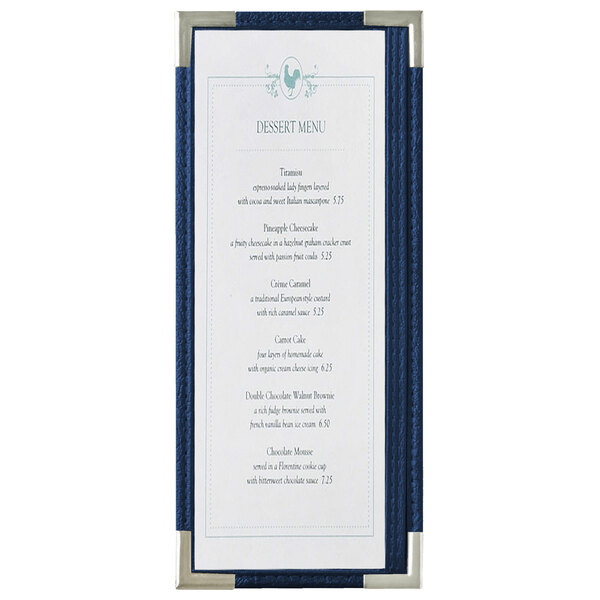 A Menu Solutions blue menu board with silver corners and a blue border holding a white menu.