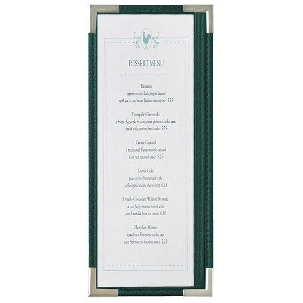 A Menu Solutions green menu board with silver corners holding a white menu with green borders.