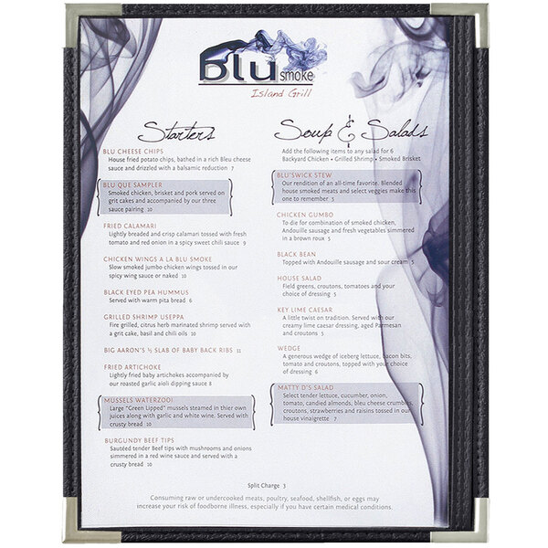 A black Menu Solutions menu board with silver corners holding a menu with smoke on it.