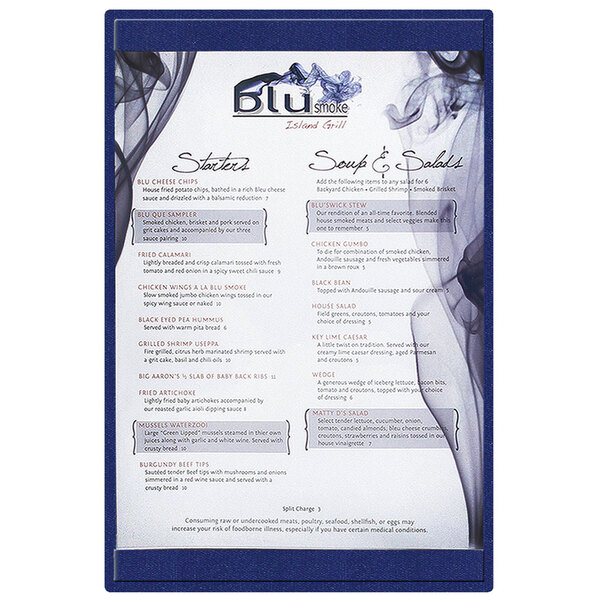 A Menu Solutions blue double-sided menu board on a counter.