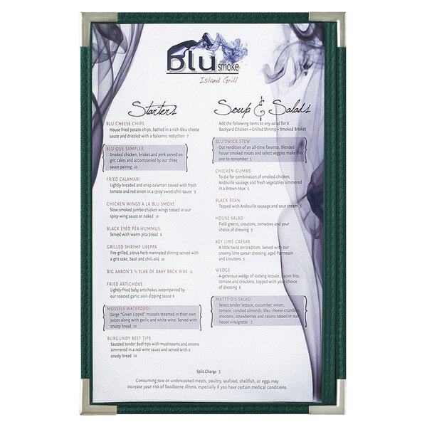 A Menu Solutions green menu board with silver corners holding a menu with black writing.