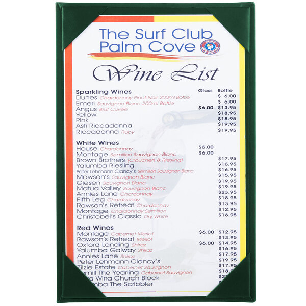 A white wine list with a green frame.