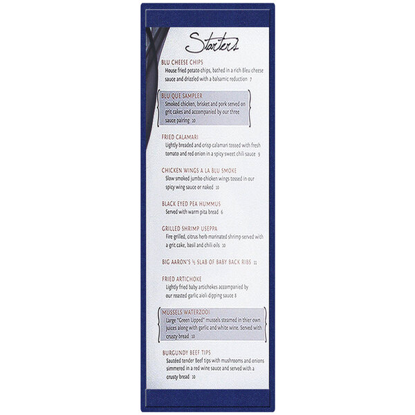 A Menu Solutions blue menu board with black text.