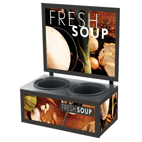 A Vollrath countertop soup merchandiser base with a sign and Tuscan graphics displaying fresh soup and bread.