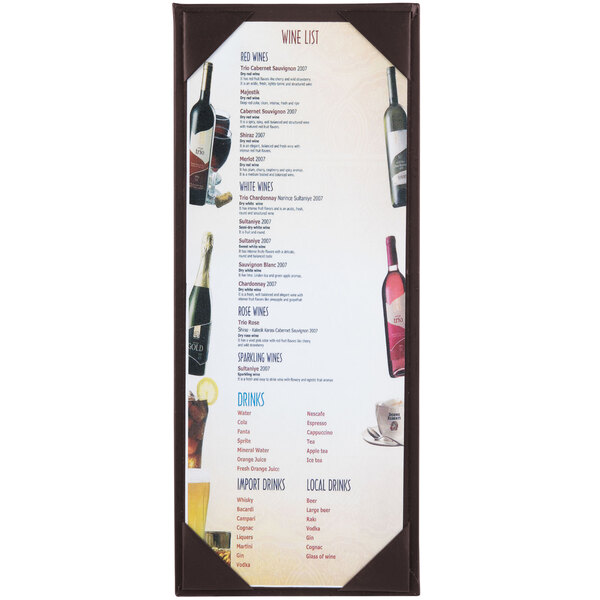 A brown Menu Solutions menu board with bottles of wine on it.