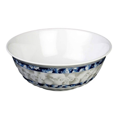 A white bowl with blue trim.