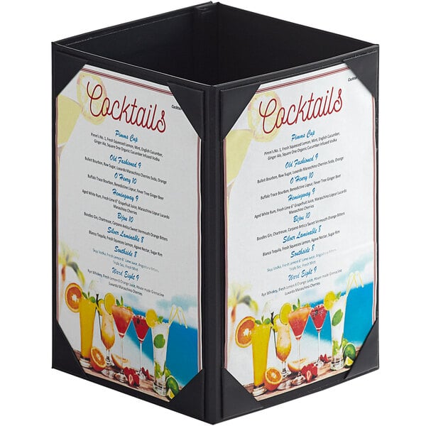 A black Menu Solutions quad panel table tent with picture corners holding a drink menu.