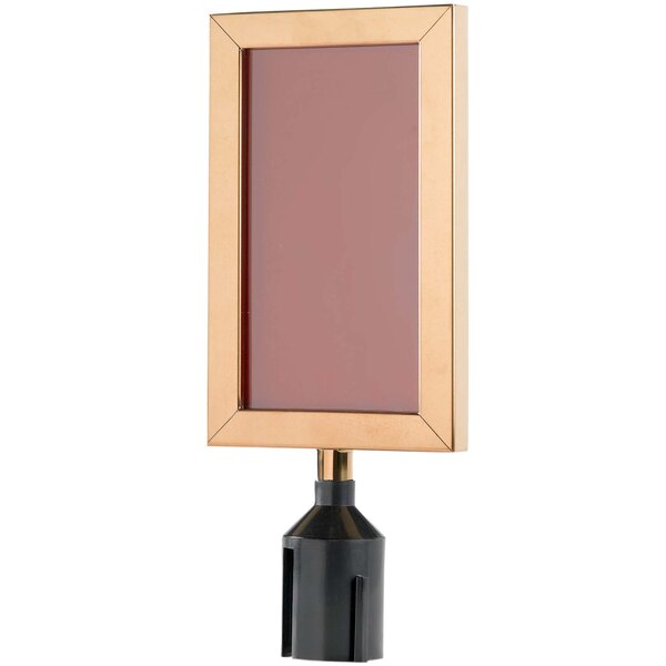 A brass Aarco stanchion sign frame with a black holder.