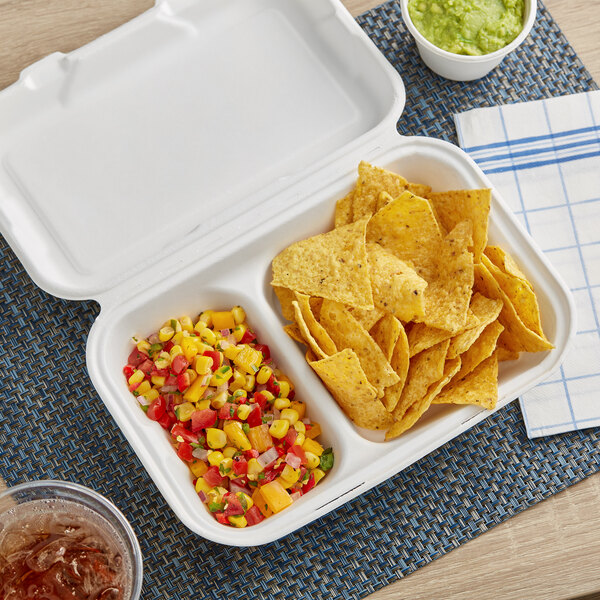 EcoChoice 9" x 6" x 3" Compostable Sugarcane / Bagasse 2 Compartment Takeout Container - 50/Pack
