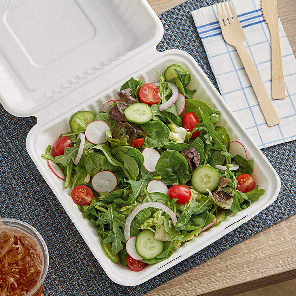 EcoChoice 9" x 9" x 3" Compostable Sugarcane / Bagasse 1 Compartment Take-Out Box - 50/Pack