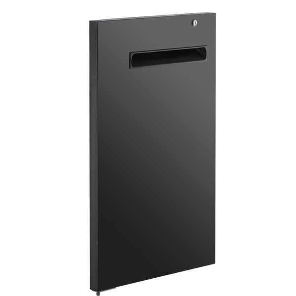 A black rectangular door with a lock on it.
