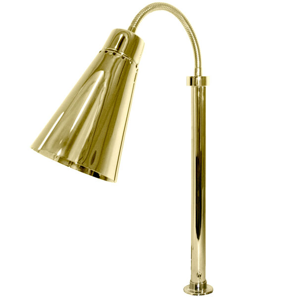 A brass Hanson Heat Lamp with a curved metal pole.