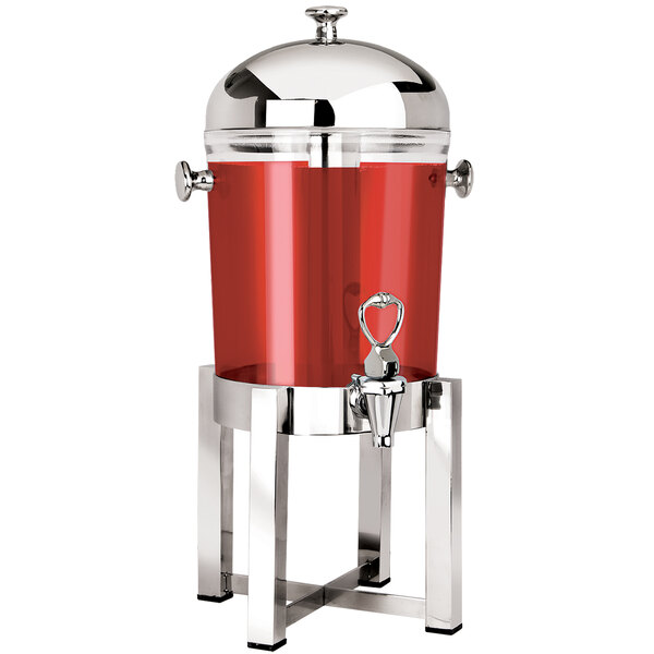 A red plastic beverage dispenser with a stainless steel stand.