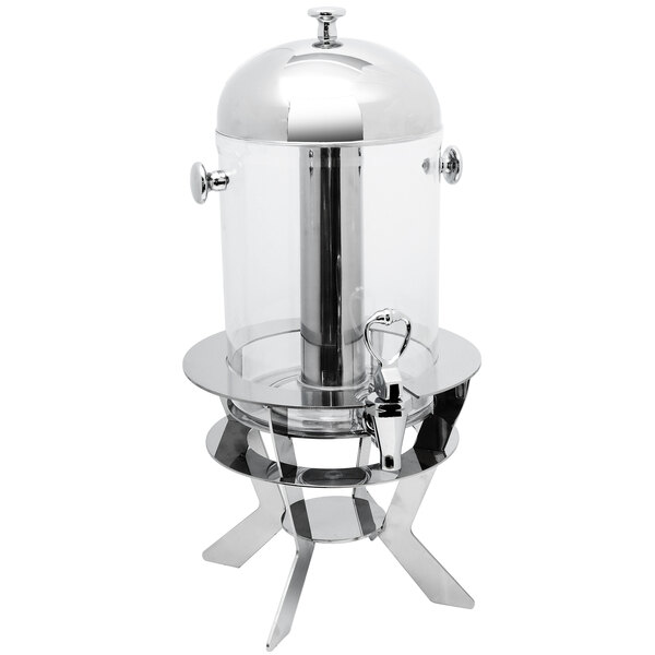 A stainless steel beverage dispenser with a clear acrylic container and a silver spigot.