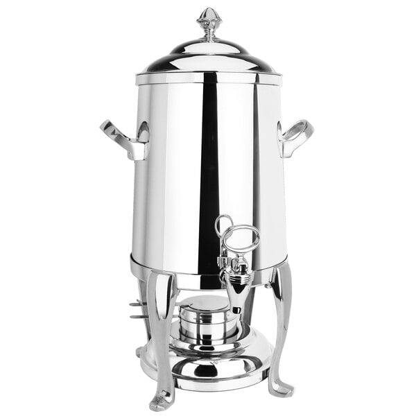 A silver metal Eastern Tabletop coffee urn with a lid.