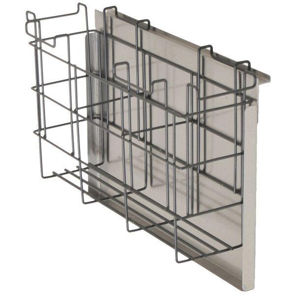 A metal wire rack with three baskets on a counter.