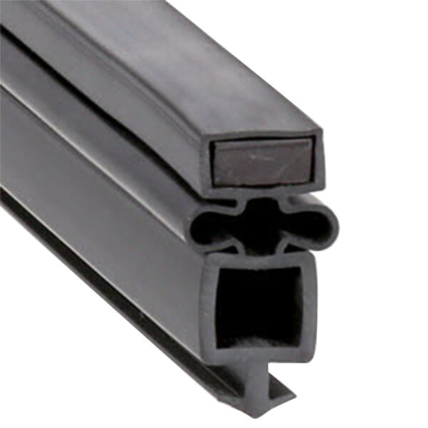 A close-up of a black rubber seal with a black plastic window frame and two black strips.