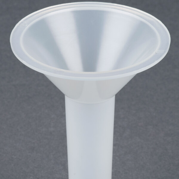 A white plastic funnel attachment for an Avantco meat grinder.