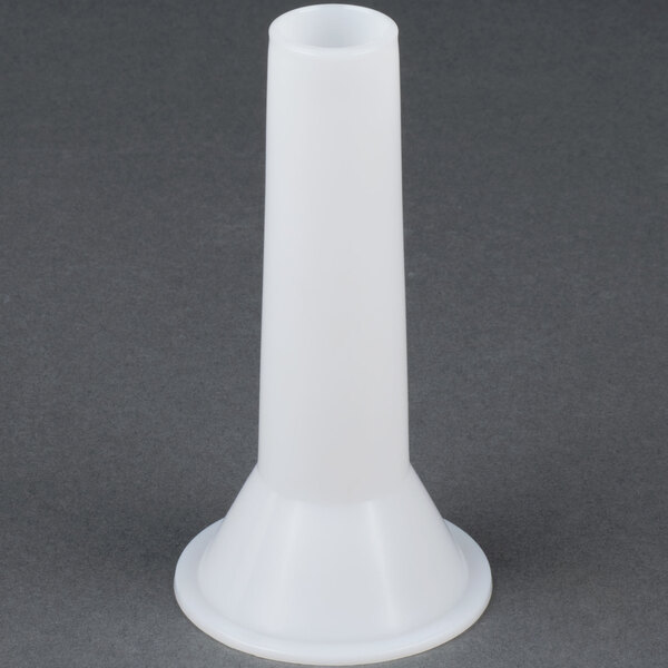 A white plastic funnel attachment for an Avantco meat grinder.