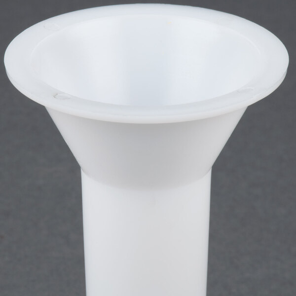 A white plastic Avantco sausage stuffer tube funnel.