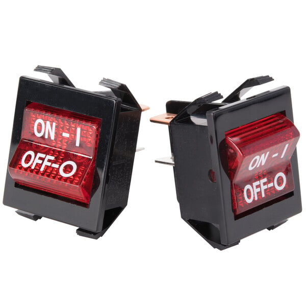 Two Paragon red and black push button switches with white text.