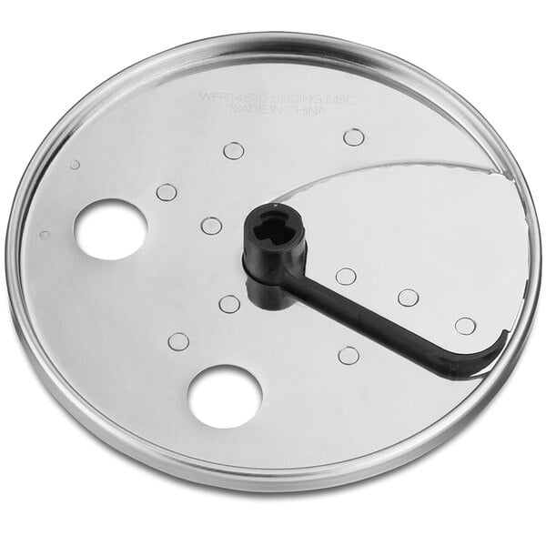A circular silver metal Waring slicing disc with a black handle.