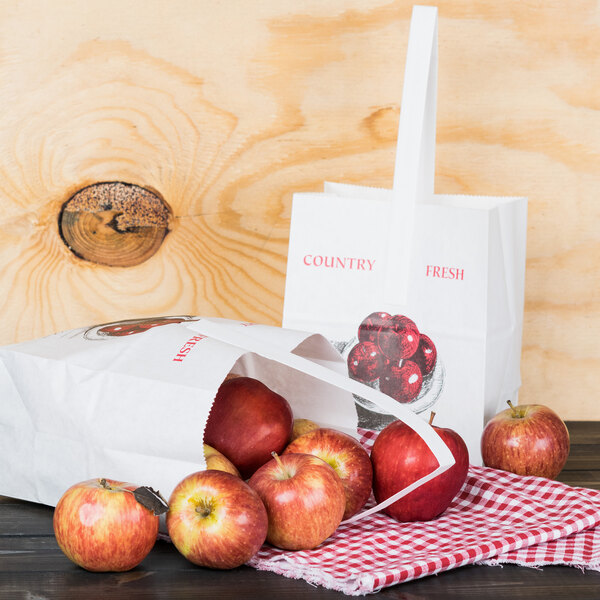 1/2 Peck "Country Fresh - Sophomore" Apple White Kraft Paper Produce Market Stand Bag with Handle - 500/Case