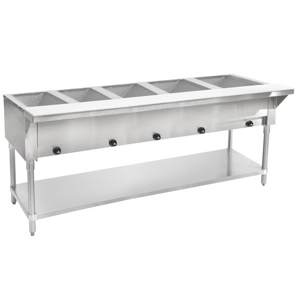A stainless steel Advance Tabco hot food table with open wells on a counter.