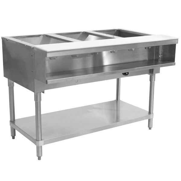 A stainless steel Advance Tabco liquid propane hot food table with three compartments on a counter.
