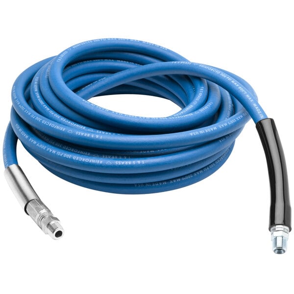 A blue coiled hose with a silver tip.