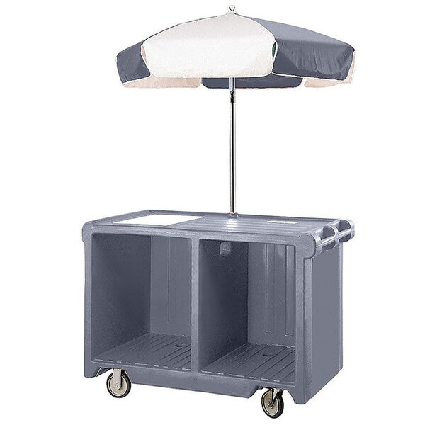 A Cambro granite grey vending cart with a beach umbrella.