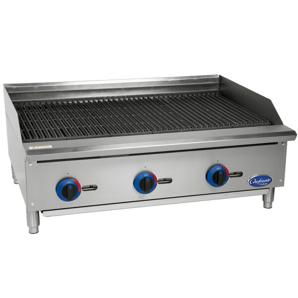 A Globe Chefmate stainless steel gas charbroiler with blue knobs.