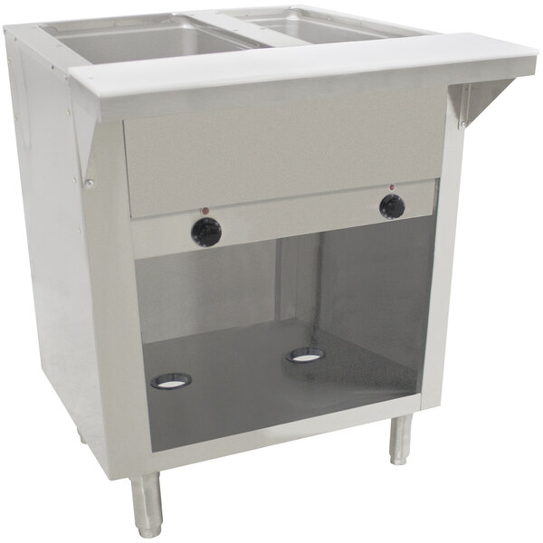 A stainless steel Advance Tabco hot food table with enclosed base and two sealed wells.