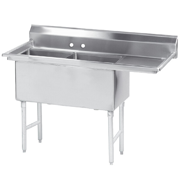An Advance Tabco stainless steel two-compartment pot sink with a right drainboard.