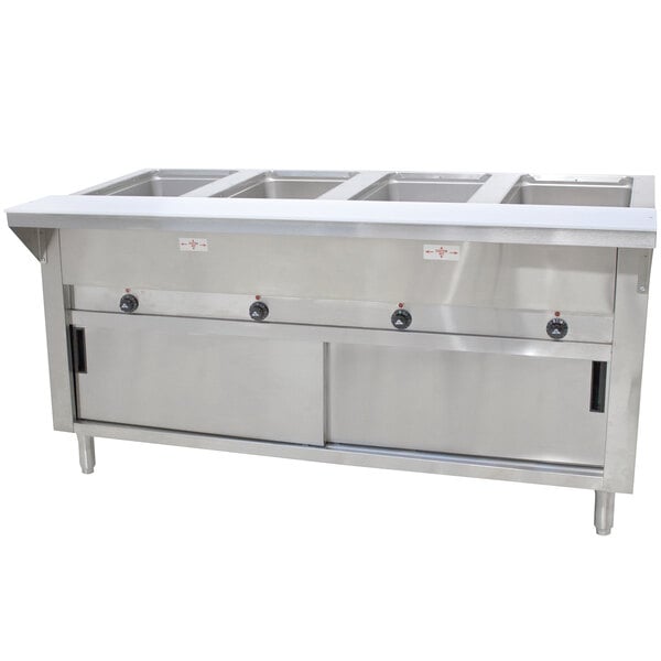 An Advance Tabco stainless steel hot food table with enclosed base and sliding doors.