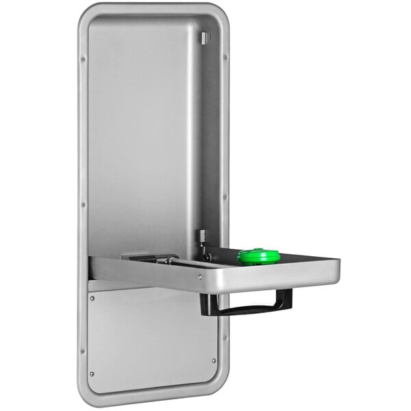 A silver rectangular T&S recessed wall mounted unit with a green lid.
