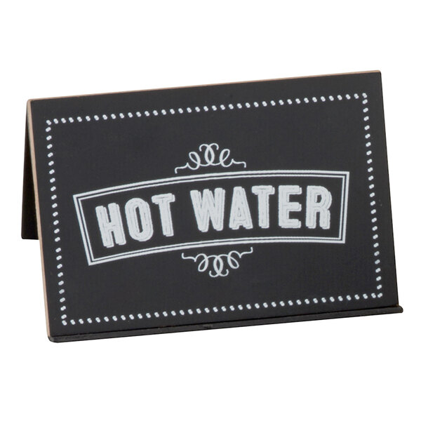 A black Cal-Mil chalkboard sign with white text that says "Hot Water"