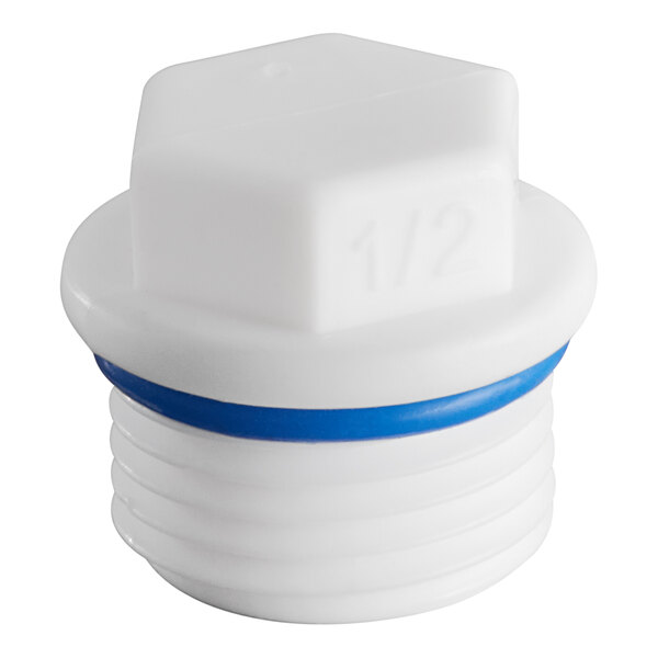 A white plastic cap with a blue stripe.