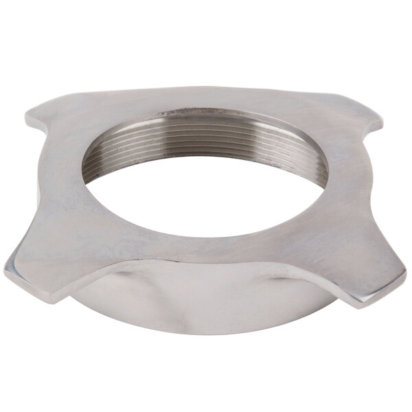 A silver stainless steel retaining ring with a hole.