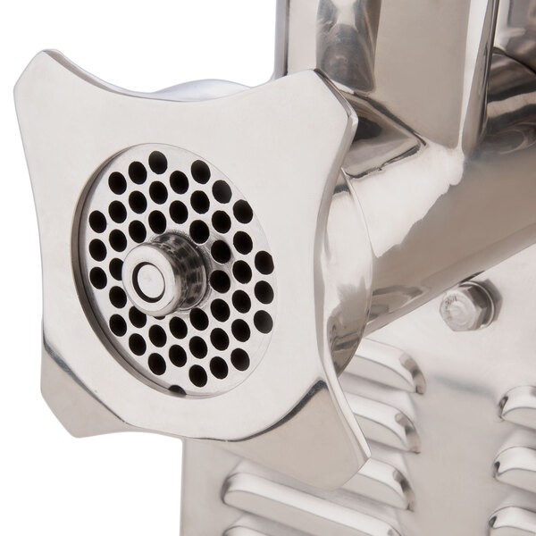 A stainless steel retaining ring for an Avantco meat grinder.