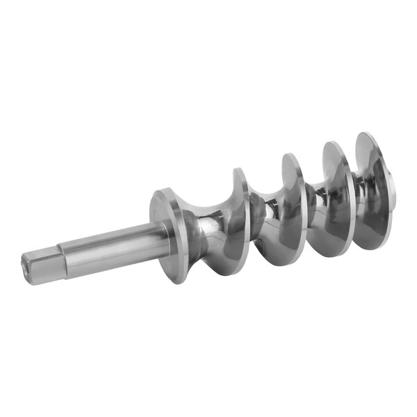 An industrial metal auger attachment for a meat grinder.