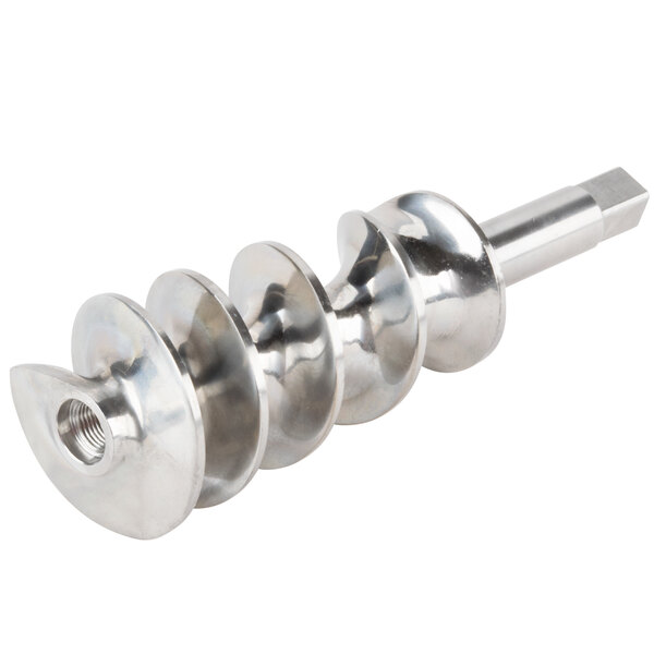 A close-up of a metal spiral Avantco #22 auger with a nut on top.
