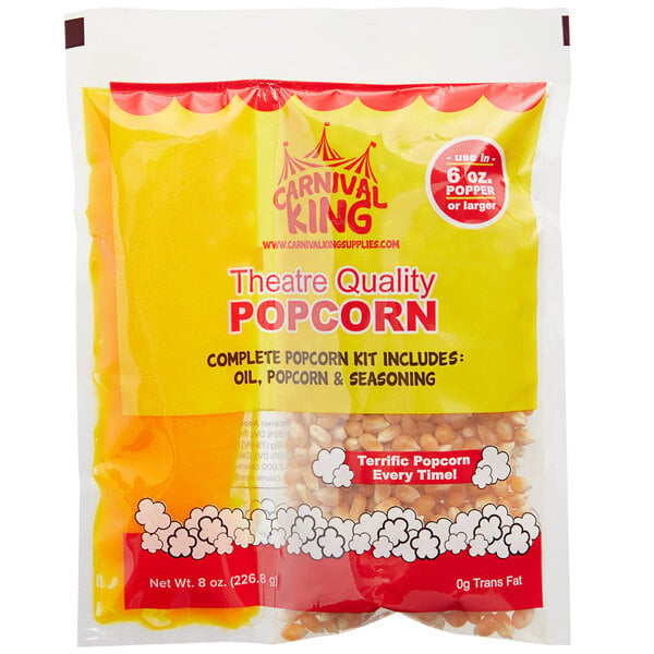 A Carnival King All-In-One Popcorn Kit bag on a white background with red and yellow text.