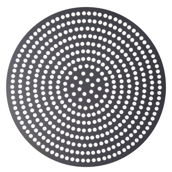 A black circular American Metalcraft hard coat anodized aluminum pizza disk with white dots.