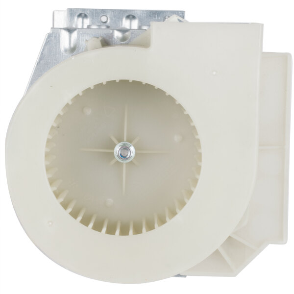 A white plastic fan for a Solwave microwave with a screw in it.