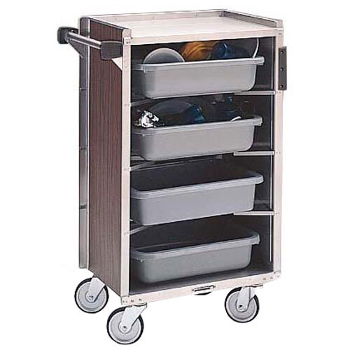 Lakeside 890 Medium-Duty Stainless Steel Enclosed Bussing Cart with Ledge Rods and Walnut Finish - 27 3/8" x 17 5/8" x 42 7/8"