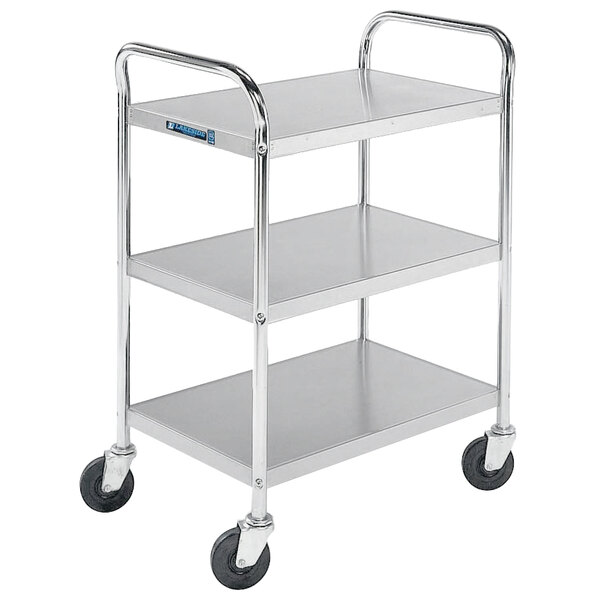 A stainless steel Lakeside utility cart with three shelves and black wheels.