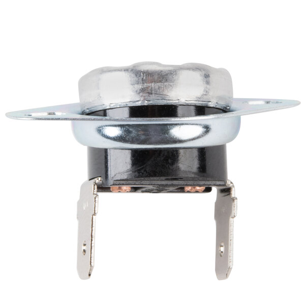 A close up of a shiny silver metal Solwave thermostat with a black cover.